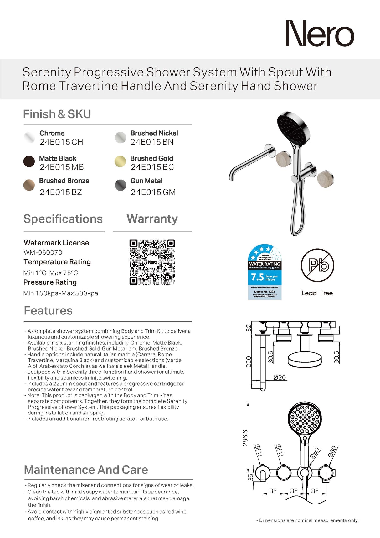 Nero Serenity Progressive Shower System w/ Spout w/ Rome Travertine Handle And Serenity Hand Shower Gunmetal 24E015GM