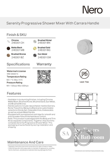 Nero Serenity Progressive Shower Mixer w/ Carrara Handle Matte Black 24E001MB - Bathroom Wall Mixers