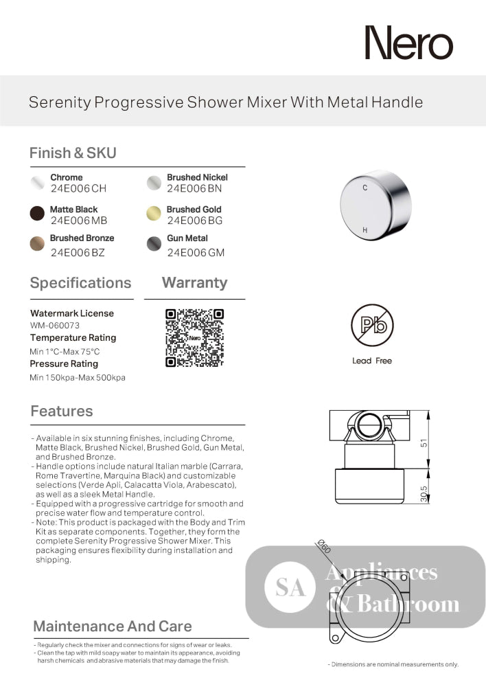 Nero Serenity Progressive Shower Mixer w/ Metal Handle Brushed Bronze 24E006BZ - Bathroom Wall Mixers