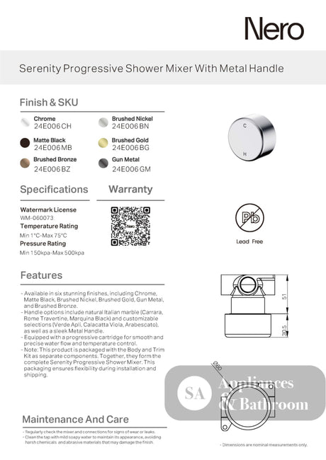 Nero Serenity Progressive Shower Mixer w/ Metal Handle Matte Black 24E006MB - Bathroom Wall Mixers