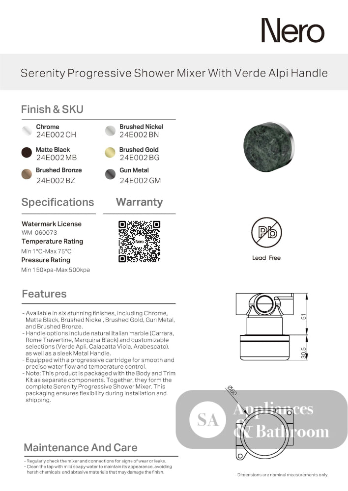 Nero Serenity Progressive Shower Mixer w/ Verde Alpi Handle Brushed Nickel 24E002BN - Bathroom Wall Mixers
