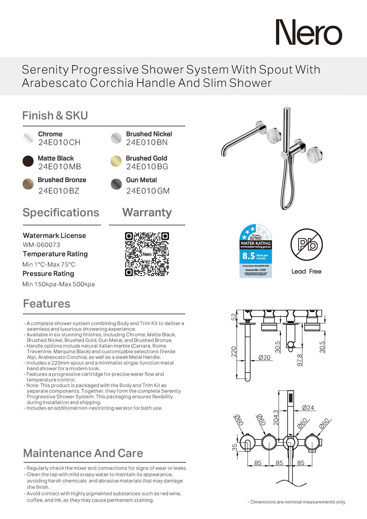 Nero Serenity Progressive Shower System w/ Spout w/ Arabescato Corchia Handle And Slim Shower Gunmetal 24E010GM