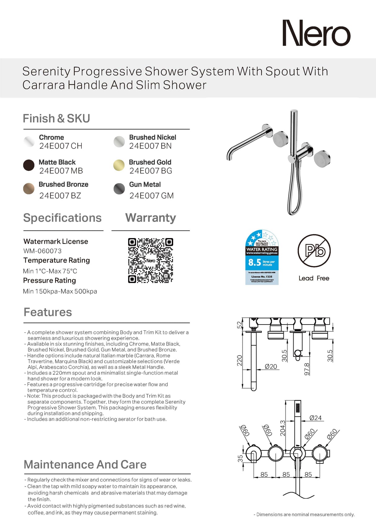 Nero Serenity Progressive Shower System w/ Spout w/ Carrara Handle And Slim Shower Brushed Gold 24E007BG