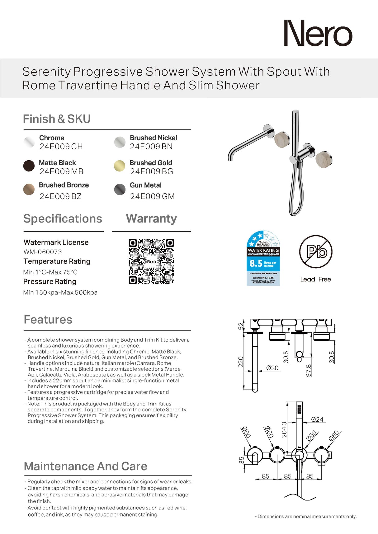 Nero Serenity Progressive Shower System w/ Spout w/ Rome Travertine Handle And Slim Shower Brushed Bronze 24E009BZ