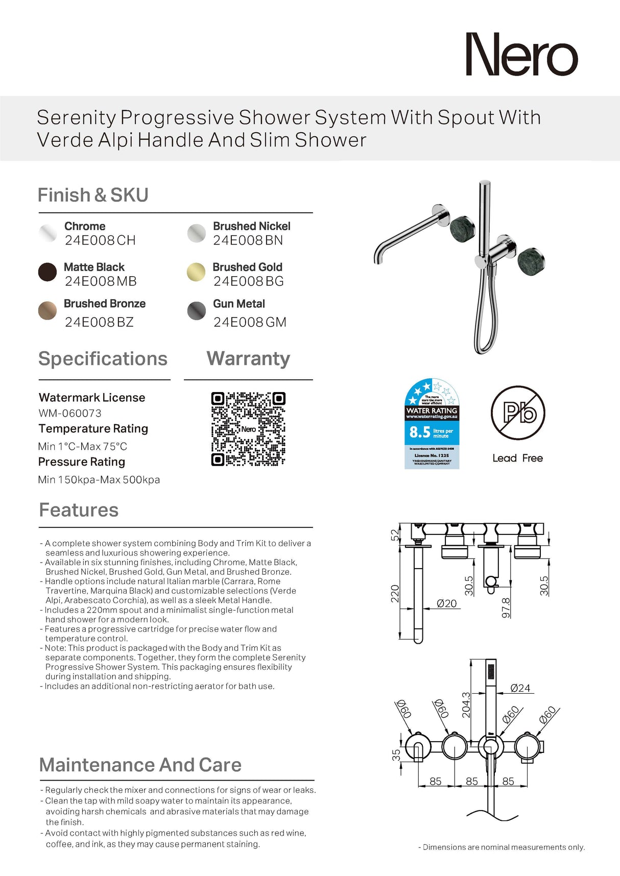Nero Serenity Progressive Shower System w/ Spout w/ Verde Alpi Handle And Slim Shower Gunmetal 24E008GM