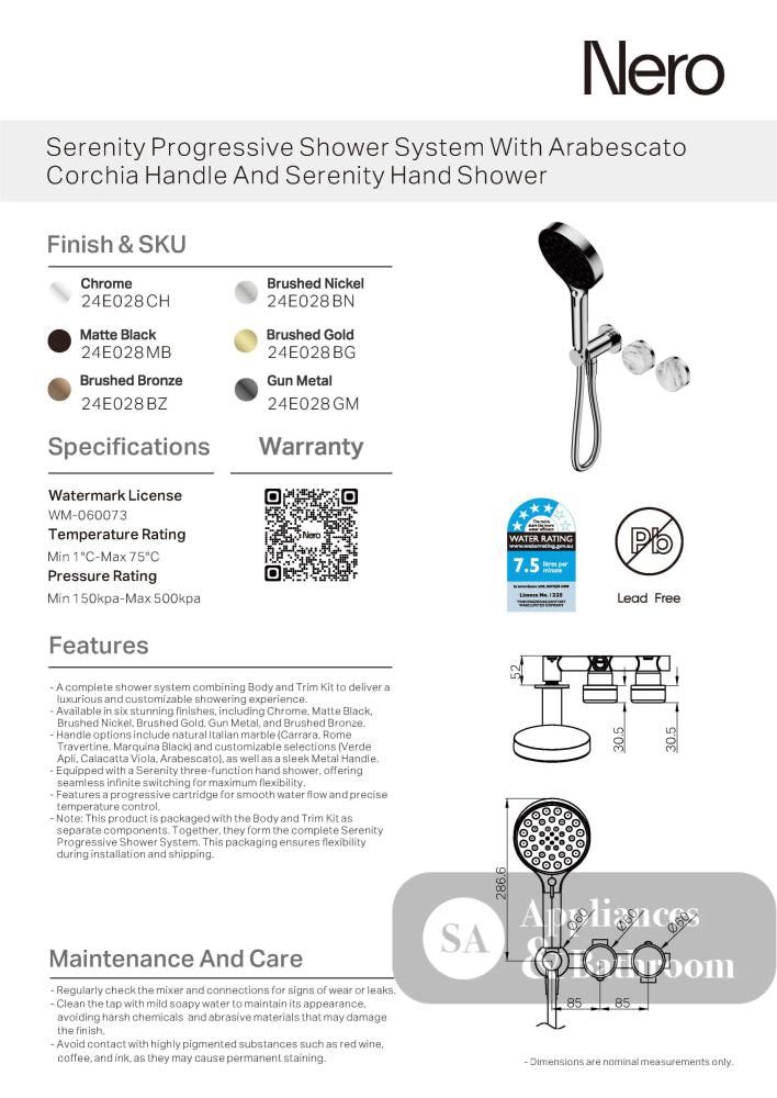 Nero Serenity Progressive Shower System w/ Arabescato Corchia Handle And Serenity Hand Shower Brushed Gold 24E028BG