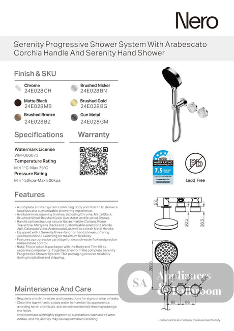 Nero Serenity Progressive Shower System w/ Arabescato Corchia Handle And Serenity Hand Shower Gunmetal 24E028GM - Hand