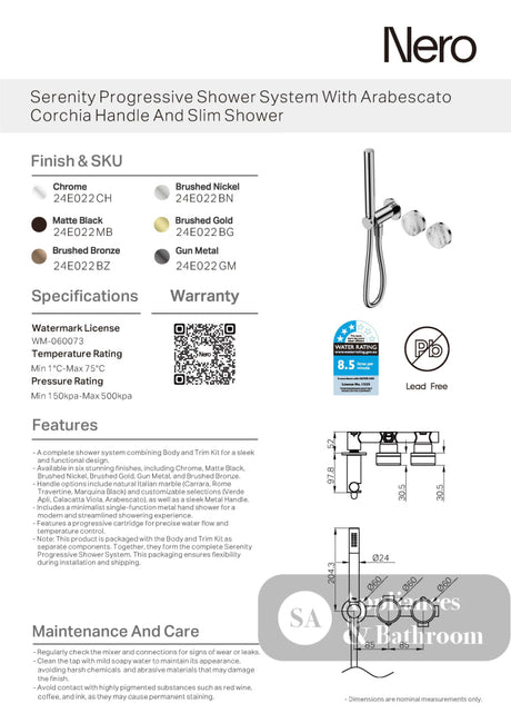Nero Serenity Progressive Shower System w/ Arabescato Corchia Handle And Slim Shower Brushed Gold 24E022BG - Hand