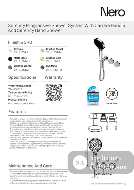 Nero Serenity Progressive Shower System w/ Carrara Handle And Serenity Hand Shower Brushed Nickel 24E025BN - Hand