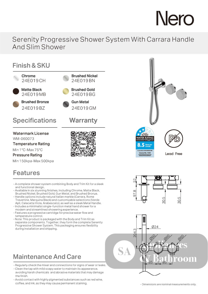 Nero Serenity Progressive Shower System w/ Carrara Handle And Slim Shower Brushed Bronze 24E019BZ - Hand Showers