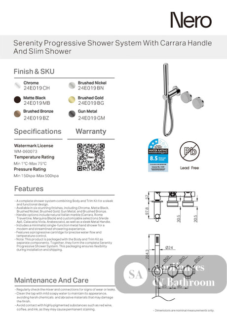Nero Serenity Progressive Shower System w/ Carrara Handle And Slim Shower Chrome 24E019CH - Hand Showers