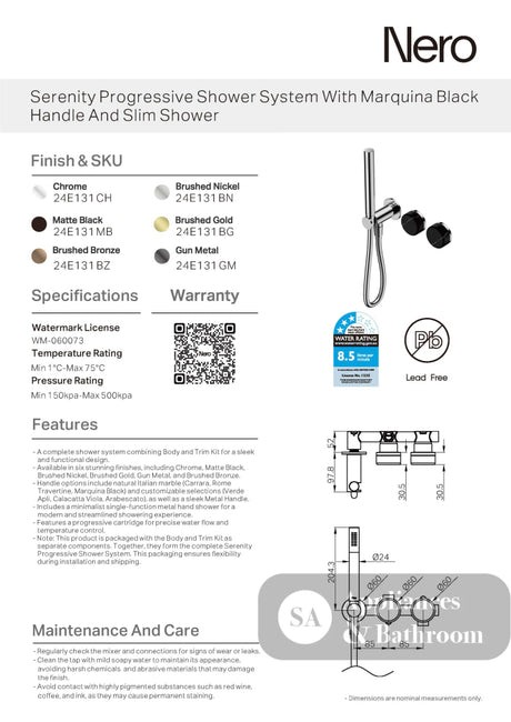 Nero Serenity Progressive Shower System w/ Marquina Black Handle And Slim Shower Gunmetal 24E131GM - Diverter Mixers