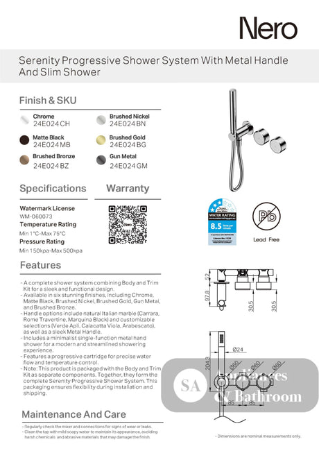 Nero Serenity Progressive Shower System w/ Metal Handle And Slim Shower Brushed Nickel 24E024BN - Hand Showers