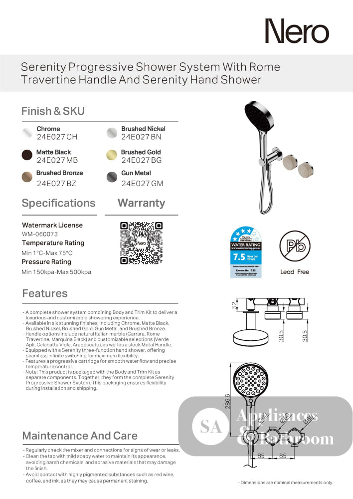 Nero Serenity Progressive Shower System w/ Rome Travertine Handle And Serenity Hand Shower Brushed Bronze 24E027BZ