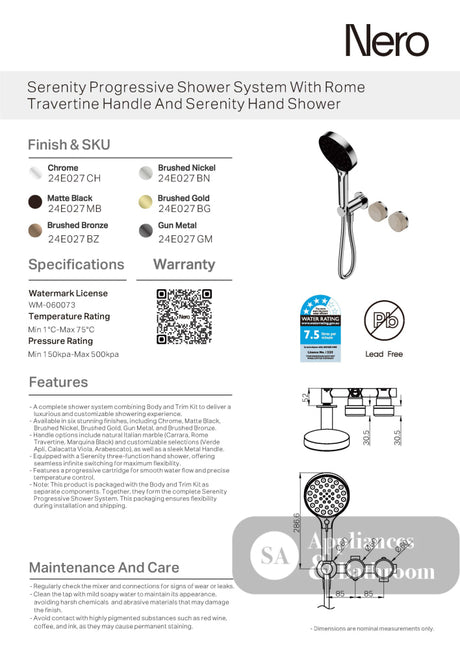 Nero Serenity Progressive Shower System w/ Rome Travertine Handle And Serenity Hand Shower Brushed Bronze 24E027BZ