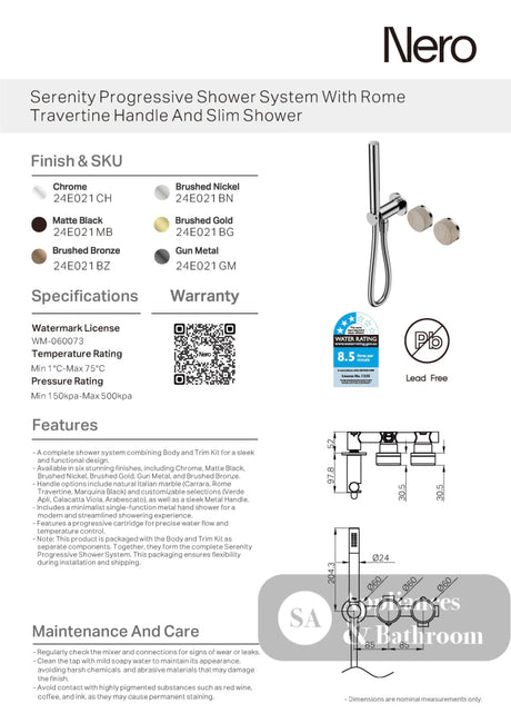 Nero Serenity Progressive Shower System w/ Rome Travertine Handle And Slim Shower Gunmetal 24E021GM - Hand Showers