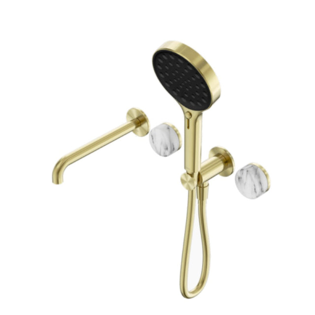 Nero Serenity Progressive Shower System w/ Spout w/ Arabescato Corchia Handle And Serenity Hand Shower Brushed Gold