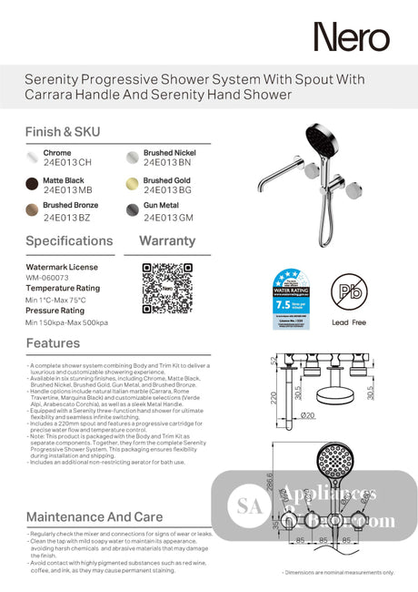 Nero Serenity Progressive Shower System w/ Spout w/ Carrara Handle And Serenity Hand Shower Chrome 24E013CH - Diverter