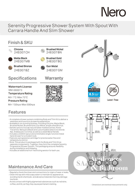 Nero Serenity Progressive Shower System w/ Spout w/ Carrara Handle And Slim Shower Brushed Gold 24E007BG - Hand Showers