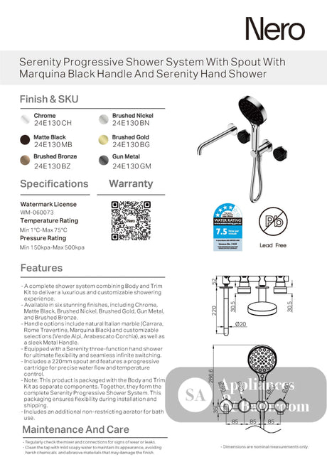 Nero Serenity Progressive Shower System w/ Spout w/ Marquina Black Handle And Serenity Hand Shower Gunmetal 24E130GM