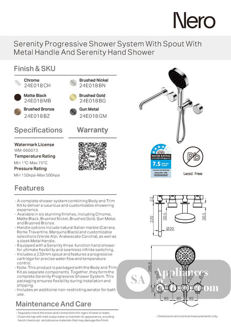 Nero Serenity Progressive Shower System w/ Spout w/ Metal Handle And Serenity Hand Shower Matte Black 24E018MB - Hand