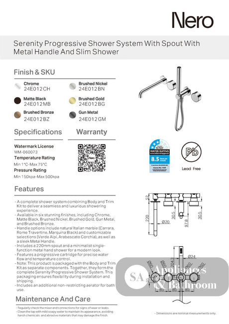 Nero Serenity Progressive Shower System w/ Spout w/ Metal Handle And Slim Shower Brushed Nickel 24E012BN - Hand Showers