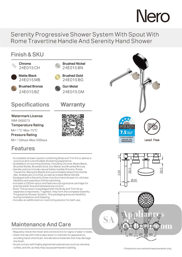 Nero Serenity Progressive Shower System w/ Spout w/ Rome Travertine Handle And Serenity Hand Shower Brushed Bronze