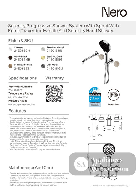 Nero Serenity Progressive Shower System w/ Spout w/ Rome Travertine Handle And Serenity Hand Shower Brushed Nickel