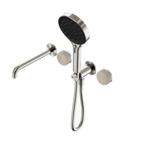 Nero Serenity Progressive Shower System w/ Spout w/ Rome Travertine Handle And Serenity Hand Shower Brushed Nickel