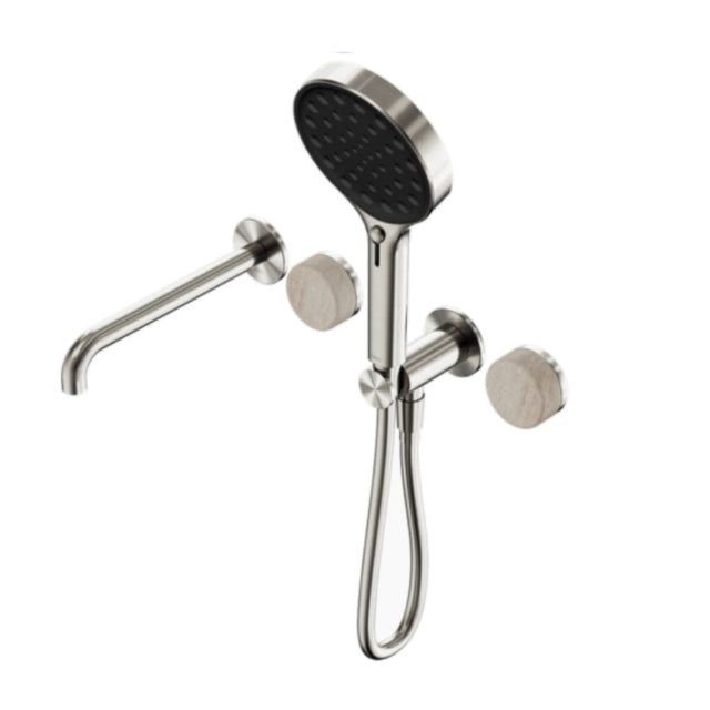 Nero Serenity Progressive Shower System w/ Spout w/ Rome Travertine Handle And Serenity Hand Shower Brushed Nickel