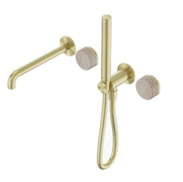 Nero Serenity Progressive Shower System w/ Spout w/ Rome Travertine Handle And Slim Shower Brushed Gold 24E009BG - Hand