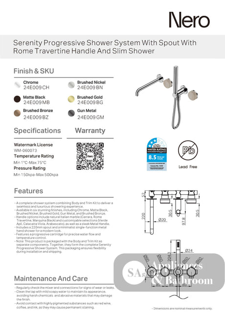 Nero Serenity Progressive Shower System w/ Spout w/ Rome Travertine Handle And Slim Shower Matte Black 24E009MB - Hand