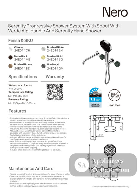 Nero Serenity Progressive Shower System w/ Spout w/ Verde Alpi Handle And Serenity Hand Shower Brushed Gold 24E014BG