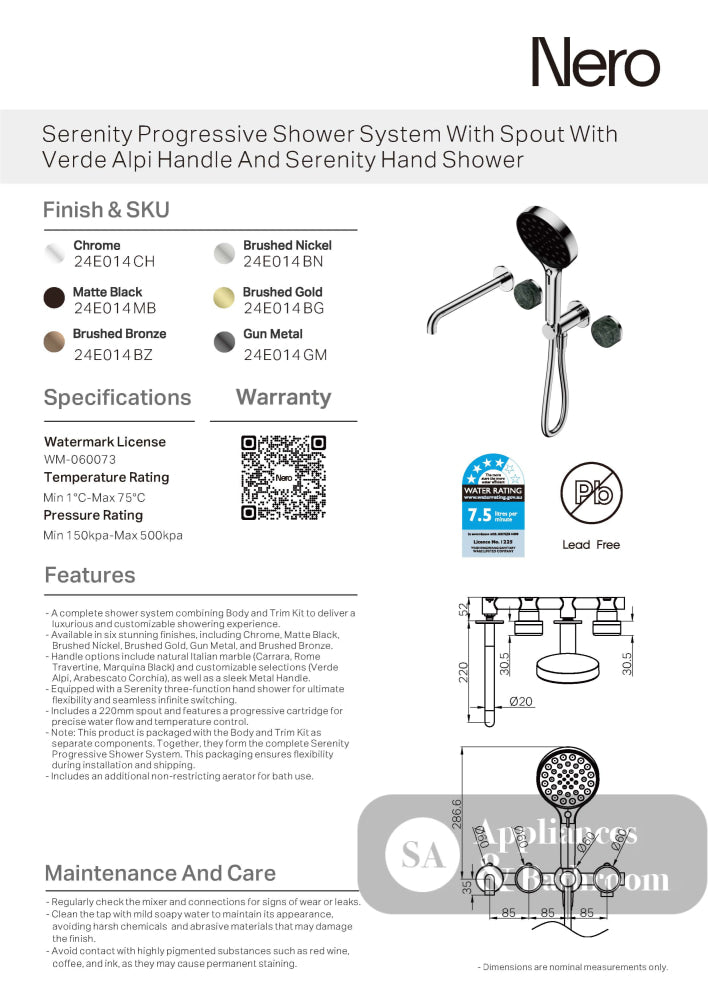 Nero Serenity Progressive Shower System w/ Spout w/ Verde Alpi Handle And Serenity Hand Shower Matte Black 24E014MB