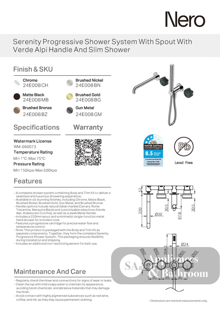Nero Serenity Progressive Shower System w/ Spout w/ Verde Alpi Handle And Slim Shower Brushed Bronze 24E008BZ - Hand
