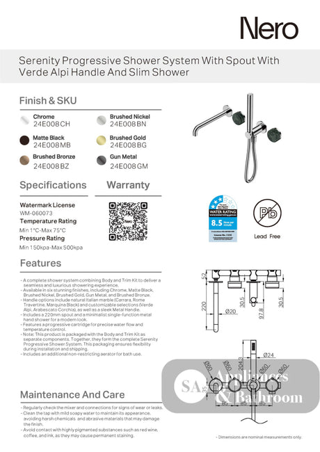 Nero Serenity Progressive Shower System w/ Spout w/ Verde Alpi Handle And Slim Shower Brushed Bronze 24E008BZ - Hand