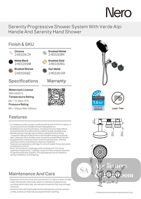 Nero Serenity Progressive Shower System w/ Verde Alpi Handle And Serenity Hand Shower Brushed Bronze 24E026BZ - Hand