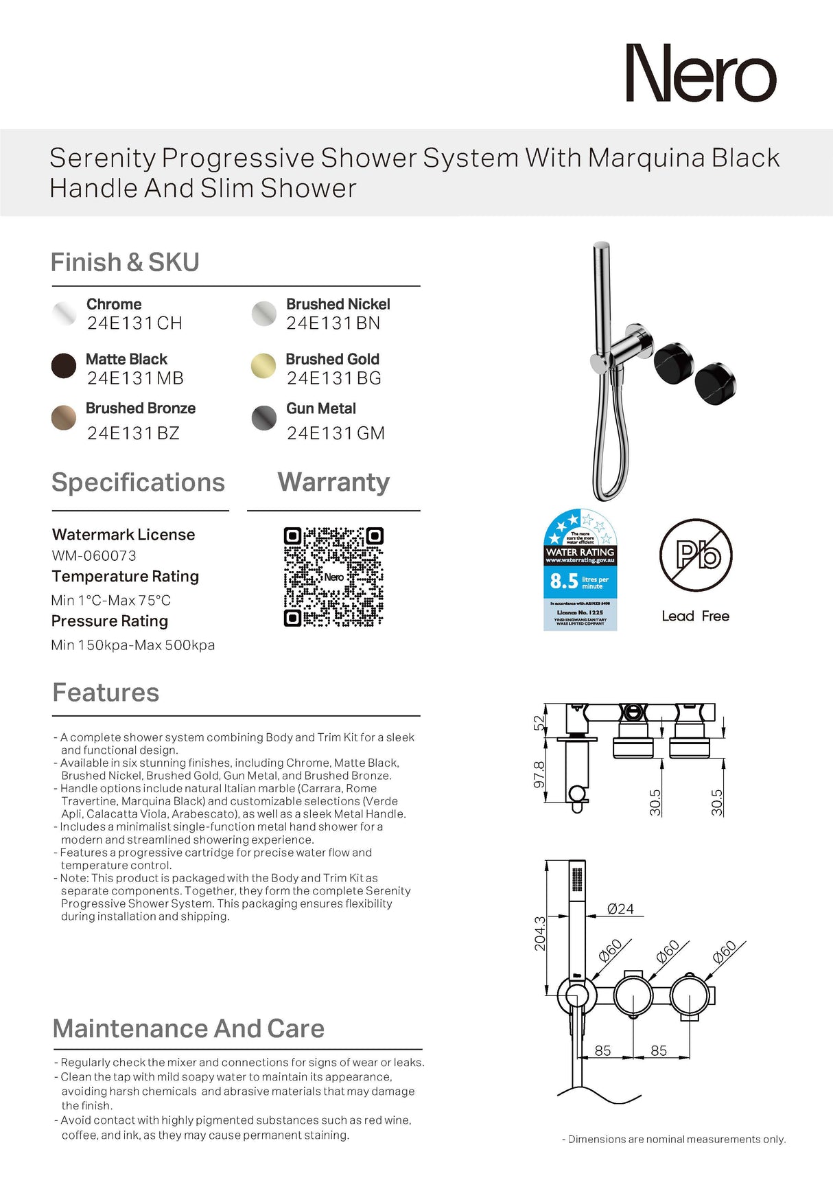 Nero Serenity Progressive Shower System w/ Marquina Black Handle And Slim Shower Chrome 24E131CH