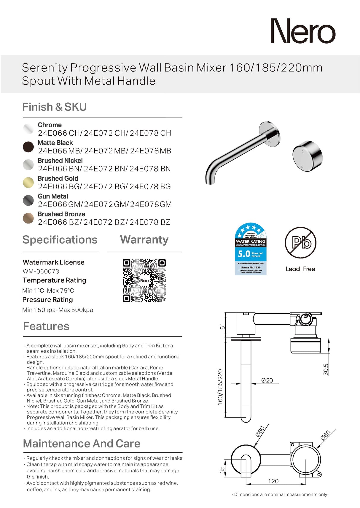 Nero Serenity Progressive Wall Basin Mixer 160mm Spout w/ Verde Alpi Handle Brushed Gold 24E062BG