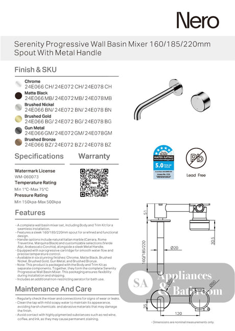 Nero Serenity Progressive Wall Basin Mixer 185mm Spout w/ Metal Handle Chrome 24E072CH - Bathroom Wall Mixers