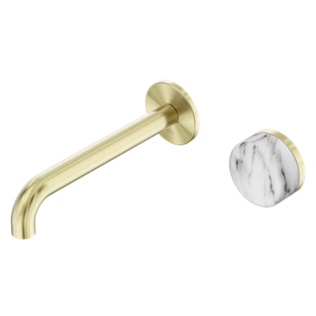 Nero Serenity Progressive Wall Basin Mixer 220mm Spout w/ Arabescato Corchia Handle Brushed Gold 24E076BG - Bathroom