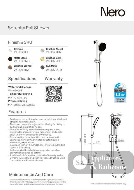 Nero Serenity Rail Shower Chrome 24D072CH - Rail Showers