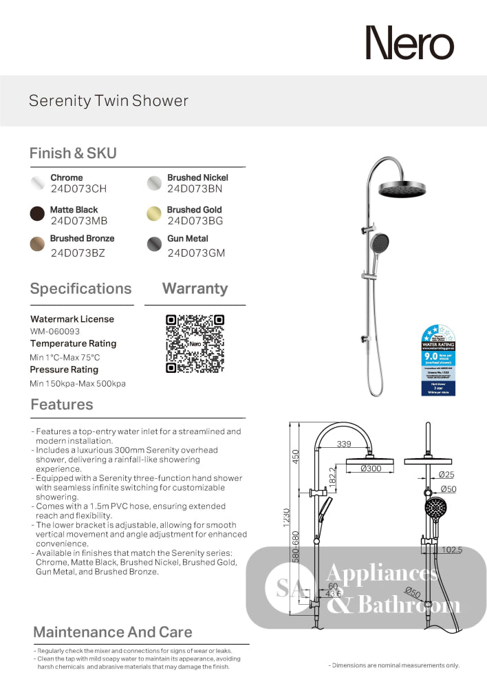 Nero Serenity Twin Shower Matte Black 24D073MB - Twin Showers