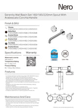 Nero Serenity Wall Basin Set 185mm Spout w/ Arabescato Corchia Handle Gunmetal 24D044GM