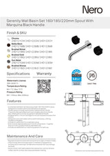 Nero Serenity Wall Basin Set 185mm Spout w/ Marquina Black Handle Brushed Bronze 24D122BZ