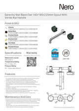 Nero Serenity Wall Basin Set 160mm Spout w/ Verde Alpi Handle Brushed Gold 24D036BG