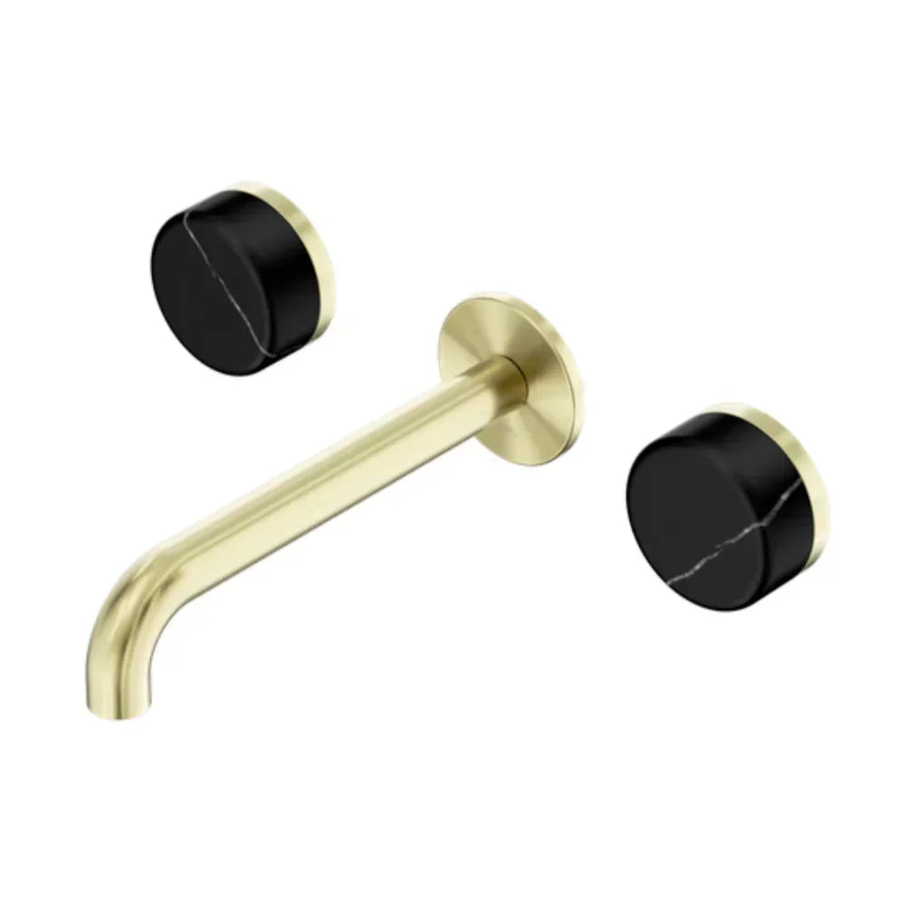 Nero Serenity Wall Basin Set 160mm Spout w/ Marquina Black Handle Brushed Gold 24D121BG - Tapware 3 Piece