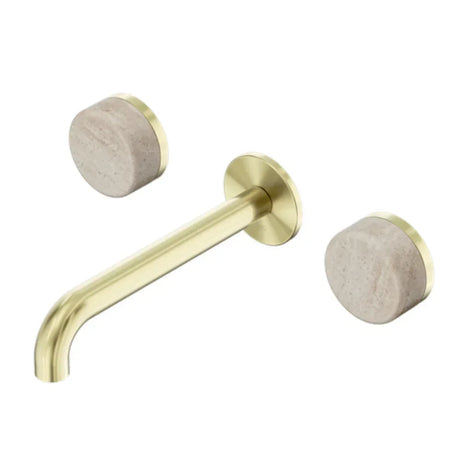 Nero Serenity Wall Basin Set 160mm Spout w/ Rome Travertine Handle Brushed Gold 24D037BG - 3-Piece Tapware