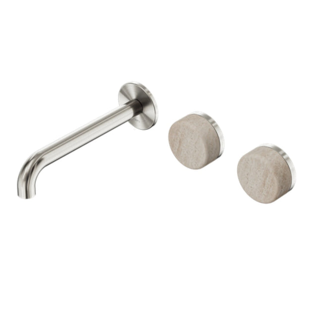 Nero Serenity Wall Basin Set 185mm Offset Spout w/ Rome Travertine Handle Brushed Nickel 24D061BN - Tapware 3 Piece