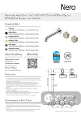 Nero Serenity Wall Basin Set 185mm Offset Spout w/ Rome Travertine Handle Gunmetal 24D061GM - Tapware 3 Piece